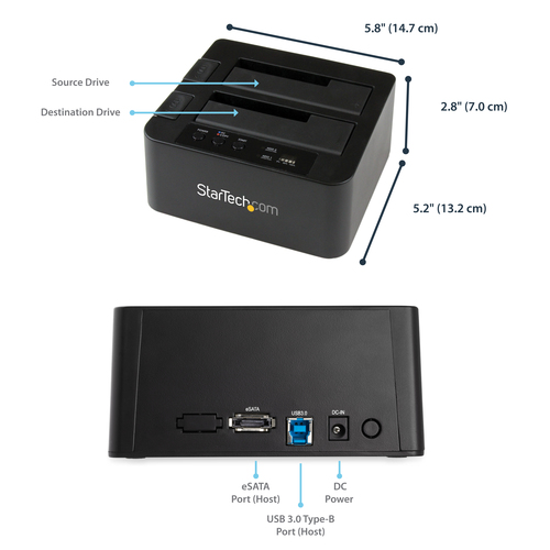 StarTech.com Dual Bay Hard Drive Duplicator, Standalone USB 3.0 (5 Gbps) / eSATA to 2.5/3.5" SATA III HDD/SSD Cloner/Copier, Hard Drive Docking Station, Hard Disk Cloner