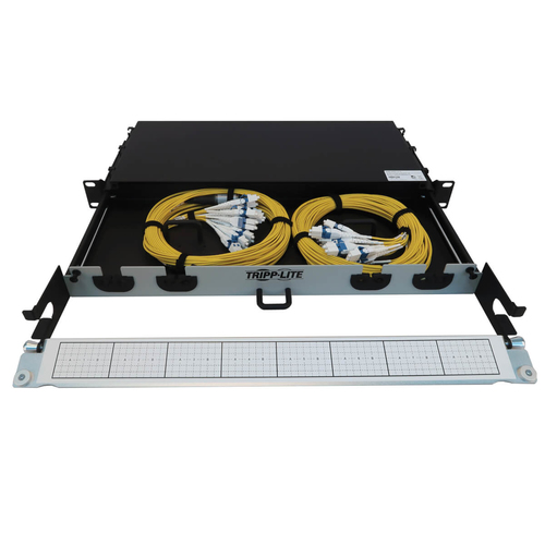 Tripp Lite Preloaded Fiber Panel, 1U - 2x (24F MTP/MPO-APC to 12x LC Duplex F/M) 24F Trunk Cables, OS2 Singlemode, 10 m (32.8 ft.)