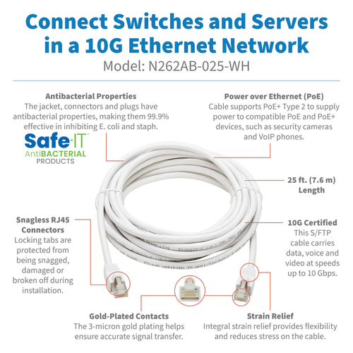 Tripp Lite N262AB-025-WH Safe-IT Cat6a 10G Snagless Antibacterial S/FTP Ethernet Cable (RJ45 M/M), PoE, White, 25 ft. (7.62 m)
