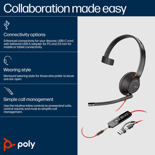 Poly Blackwire 5210 Monaural USB-C Headset +3.5mm Plug +USB-C/A Adapter (Bulk)