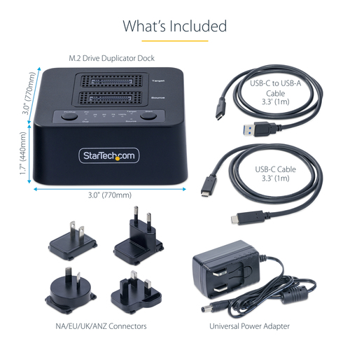 StarTech.com 1:1 M.2 NVMe Drive Duplicator, Standalone M.2 SSD Cloner/Copier up to 90GBpm, USB 3.2 20Gbps M.2 Dual-Bay Drive Dock, USB-C/A Cables Included