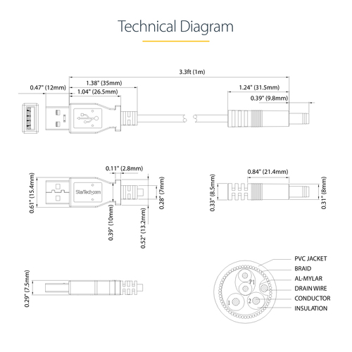 StarTech.com USB to 5.5mm Power Cable - Type N Barrel - 1m