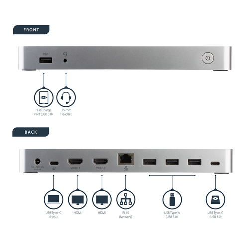 StarTech.com Dual Monitor USB C Docking Station with 60W Power Delivery for Windows Laptops - USB C to HDMI / DVI Dock - USB 3.1 Gen 1 Type C Dock w/ Charging - Thunderbolt 3 Compatible