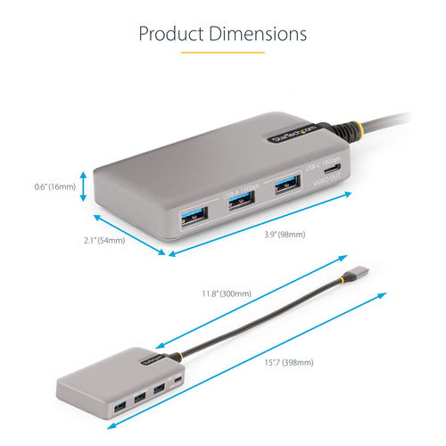 StarTech.com 4-Port USB-C Hub with USB-C DP Alt Mode Video Output 4K 60Hz - 3x USB-A, 1x USB Type-C, 100W Power Delivery Pass-Through, USB 3.2 10Gbps, 1ft/30cm Cable, Portable USB Hub
