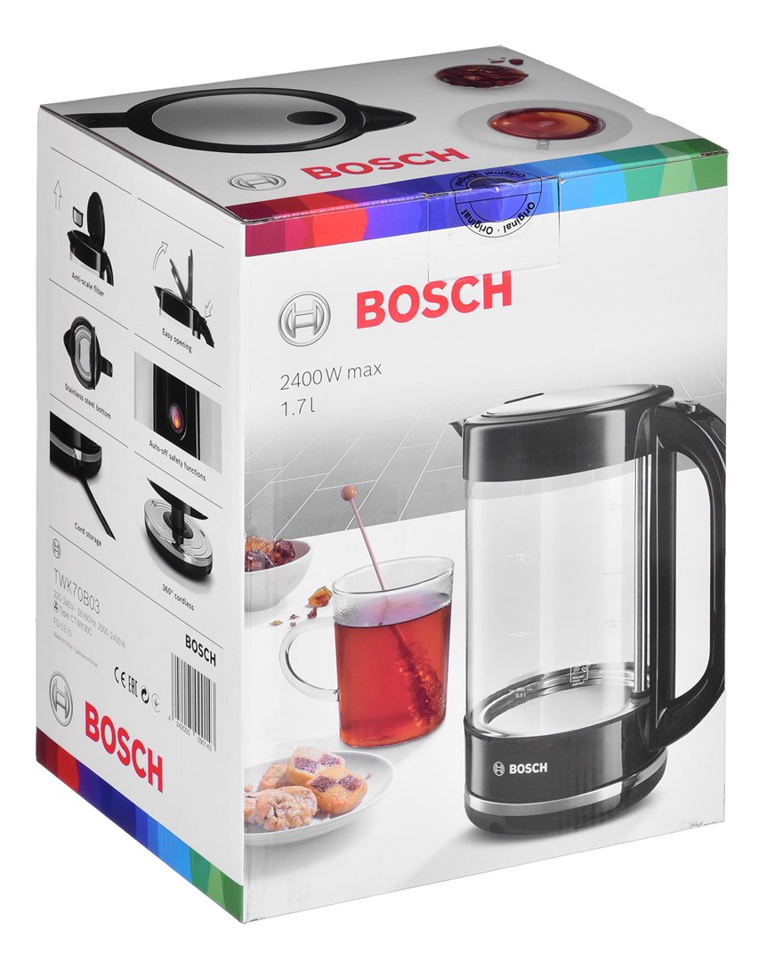 Bosch TWK70B03 electric kettle 1.7 L 2400 W Black, Transparent