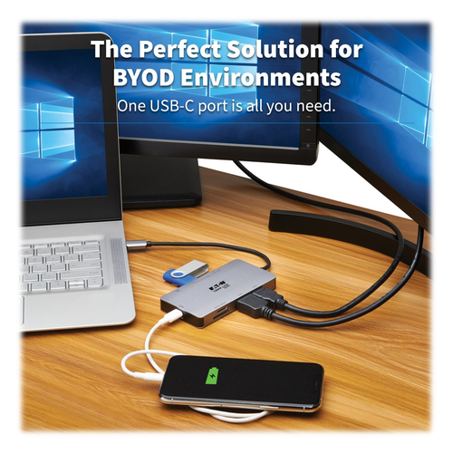 Tripp Lite U442-DOCK8G-GG USB-C Dock, Dual Display - 4K 60 Hz HDMI, USB 3.x (5Gbps) Hub Ports, GbE, Memory Card, 100W PD Charging, Gray