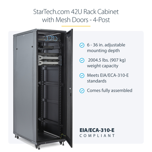 StarTech.com 4-Post 42U Server Rack Cabinet, 19" Data Rack Cabinet for Computer / AV / IT Equipment mount, Rack Server Enclosure with Casters, Full Size Industrial Network Storage