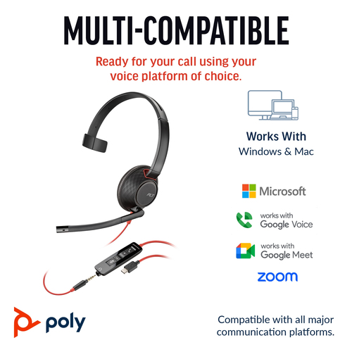 Poly Blackwire 5210 Monaural USB-C Headset +3.5mm Plug +USB-C/A Adapter (Bulk)