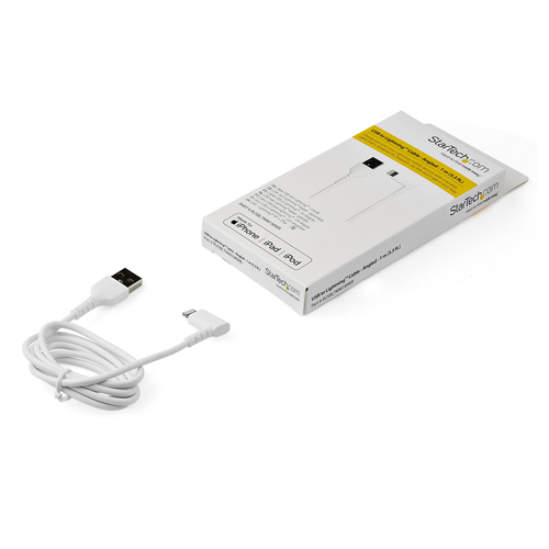 StarTech.com 3ft (1m) Durable USB A to Lightning Cable - White 90° Right Angled Heavy Duty Rugged Aramid Fiber USB Type A to Lightning Charging/Sync Cord - Apple MFi Certified - iPhone