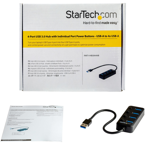 StarTech.com 4 Port USB 3.0 Hub - USB-A to 4x USB 3.0 Type-A with Individual On/Off Port Switches - SuperSpeed 5Gbps USB 3.1/3.2 Gen 1 - USB Bus Powered - Portable - 25cm Attached Cable~4 Port USB 3.0 Hub - USB-A to 4x USB 3.0 Type-A with Individual On/Off Port Switches - SuperSpeed USB 3.2 Gen 1 (5Gbps) - USB Bus Powered - Portable - 9.8" Attached Cable