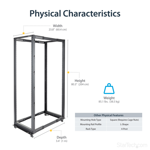 StarTech.com 4-Post 42U Mobile Open Frame Server Rack, Four Post 19" Network Rack with Wheels, Rolling Rack with Adjustable Depth for Computer/AV/Data/IT Equipment - Casters, Leveling Feet or Floor Mounting