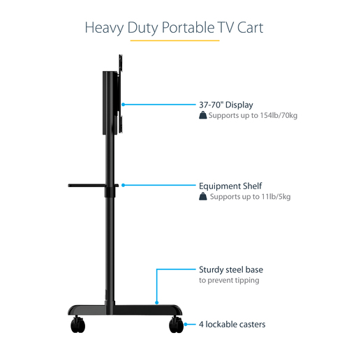 StarTech.com Mobile TV Cart - Portable Rolling TV Stand for 37-70" VESA Display (154lb/70kg) - TV Stand w/Shelf & Storage Compartment - Rotate/Tilt Display - Universal TV Mount on Wheels