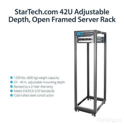 StarTech.com 4-Post 42U Mobile Open Frame Server Rack, Four Post 19" Network Rack with Wheels, Rolling Rack with Adjustable Depth for Computer/AV/Data/IT Equipment - Casters, Leveling Feet or Floor Mounting