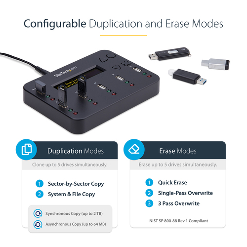StarTech.com Standalone 1 to 5 USB Thumb Drive Duplicator and Eraser, Multiple USB Flash Drive Copier, System and File and Whole-Drive Copy at1.5 GB/min, Single and 3-Pass Erase, LCD Display - TAA