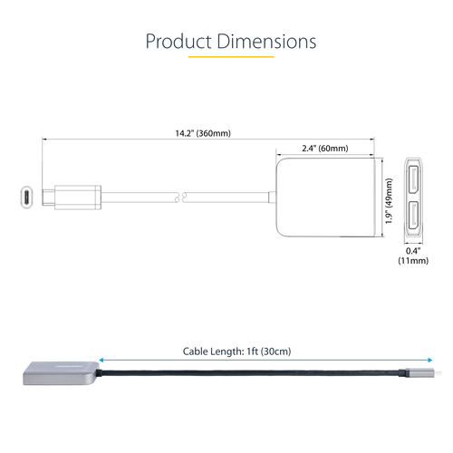 StarTech.com USB-C to Dual Displayport 1.4 Adapter, USB Type-C Multi-Monitor MST Hub, Dual 5K 60Hz DP Laptop Display Extender / Splitter, HDR, Extra-Long Built-In Cable - Windows Only