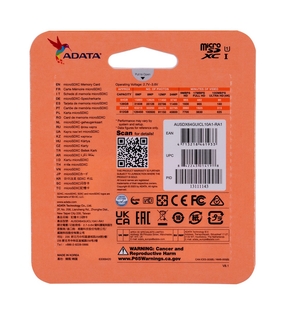 ADATA 64GB, microSDHC, Class 10 UHS-I