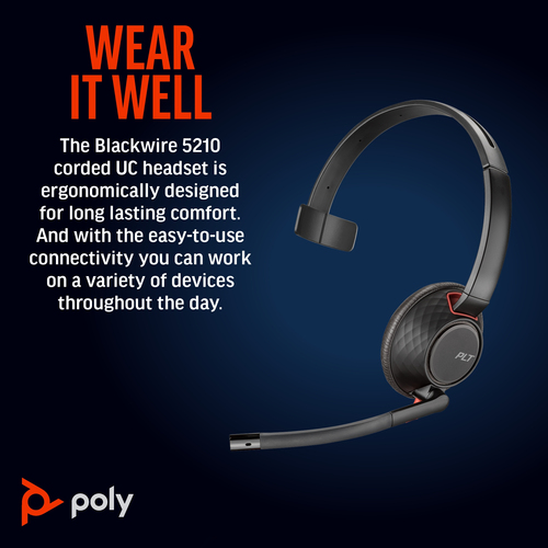 Poly Blackwire 5210 Monaural USB-C Headset +3.5mm Plug +USB-C/A Adapter (Bulk)