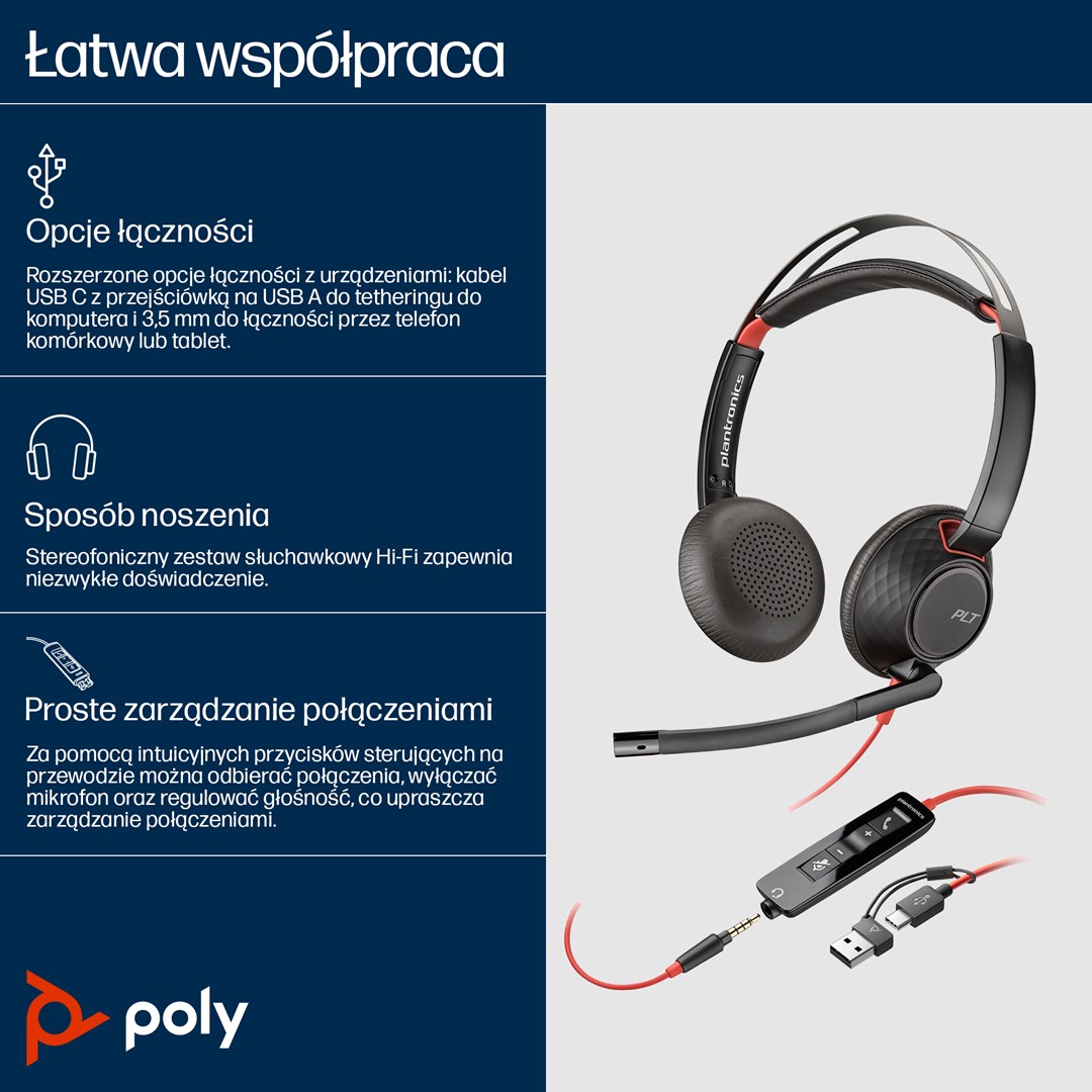 Poly Blackwire 5220 Stereo USB-C Headset +3.5mm Plug +USB-C/A Adapter (Bulk)