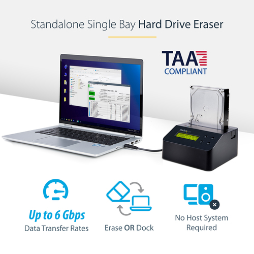 StarTech.com Single Bay Hard Drive Eraser, Standalone HDD/SSD Sanitizer, 4Kn, USB 3.0 to SATA III (6 Gbps), 9 Erase Modes, LCD Display, Secure Erase Hard Disk Sanitizer Dock, DB-9 Printer Port, TAA Compliant