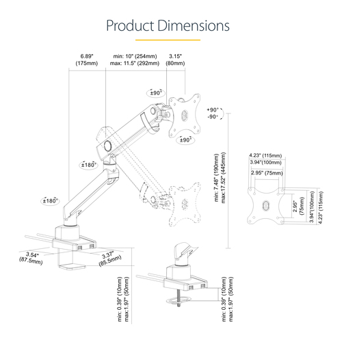 StarTech.com Desk Mount Monitor Arm with 2x USB 3.0 ports, Slim Full Motion Single Monitor Mount, up to 34" (17.6lb/8kg) VESA Display, Clamp/Grommet Mount, Mechanical Spring