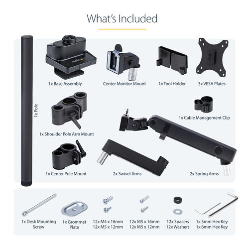 StarTech.com Triple Monitor Desk Mount For Up To Three 27in Screens, VESA 75x75/100x100, Tool-Less Arm Adjustments, C-Clamp/Grommet Mount, Spring-Assisted Arms