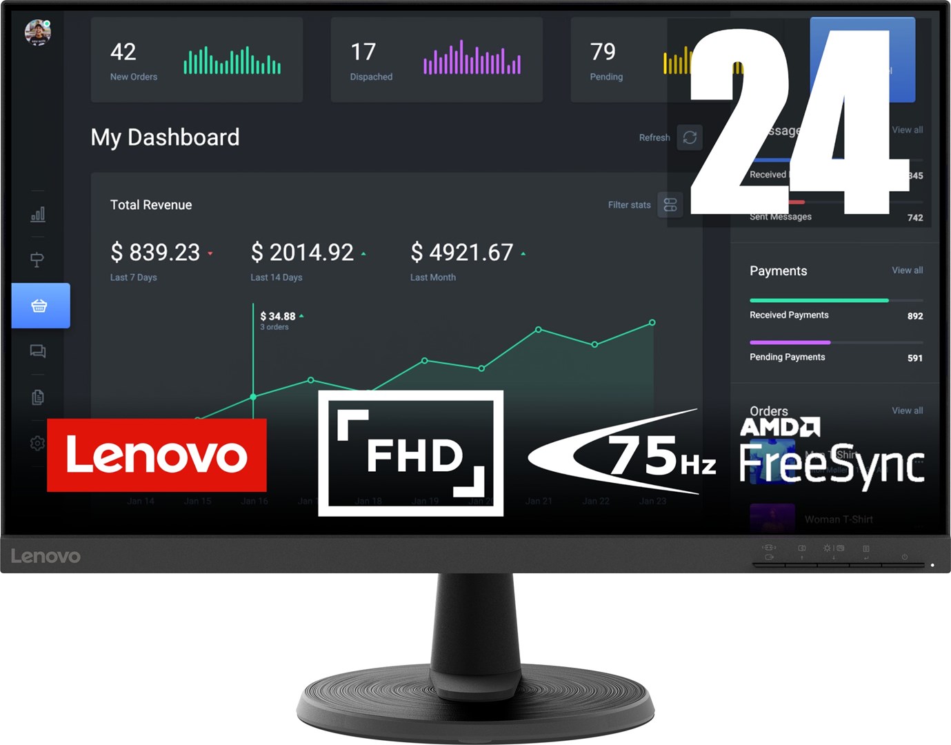 Lenovo D24-40 computer monitor 60.5 cm (23.8") 1920 x 1080 pixels Full HD LED Black