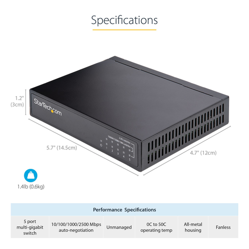 StarTech.com Unmanaged 2.5G Switch - 5 Port Gigabit Switch - 2.5GBASE-T Unmanaged Ethernet Switch - Ethernet Splitter - Din Rail or Wall Mount - Multi-Gigabit - Auto-MDIX - 9K Jumbo