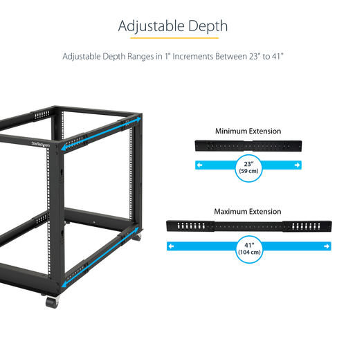 StarTech.com 4-Post 25U Mobile Open Frame Server Rack, Four Post 19in Network Rack with Wheels, Rolling Rack with Adjustable Depth for Computer/AV/Data/IT Equipment - Casters, Leveling Feet or Floor Mounting