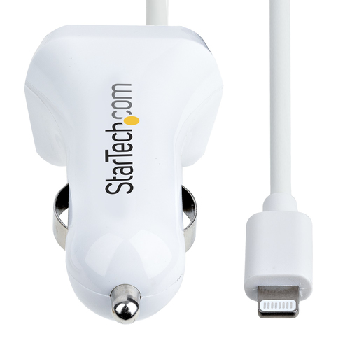 StarTech.com Lightning Car Charger with Coiled Cable, 1m Coiled Lightning Cable, 12W, White, 2 Port USB Car Charger Adapter for Phones and Tablets, Dual USB In Car iPhone Charger