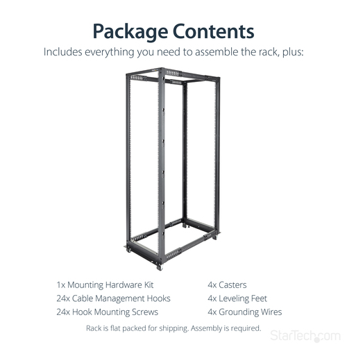 StarTech.com 4-Post 42U Mobile Open Frame Server Rack, Four Post 19" Network Rack with Wheels, Rolling Rack with Adjustable Depth for Computer/AV/Data/IT Equipment - Casters, Leveling Feet or Floor Mounting