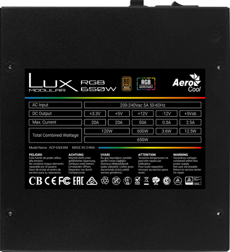 Aerocool LUXRGB650M RGB Modular PC Power Supply 650W 80Plus Bronze 230V Black