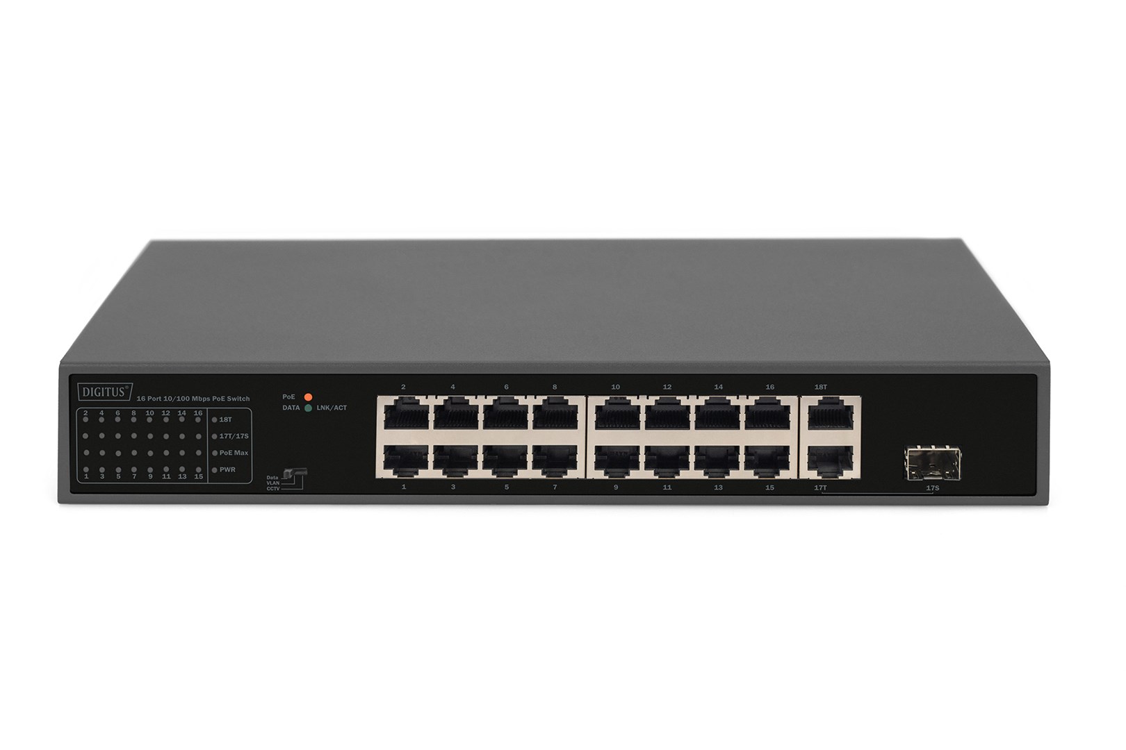 Digitus 16 Port Fast Ethernet PoE Switch , 2 Gigabit Uplinks (RJ45 / SFP)
