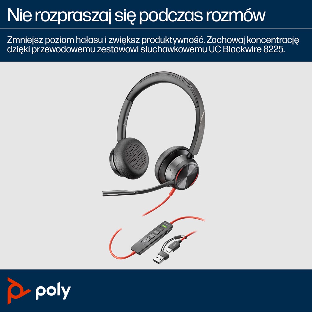Poly Blackwire 8225 Stereo USB-C Headset +USB-C/A Adapter