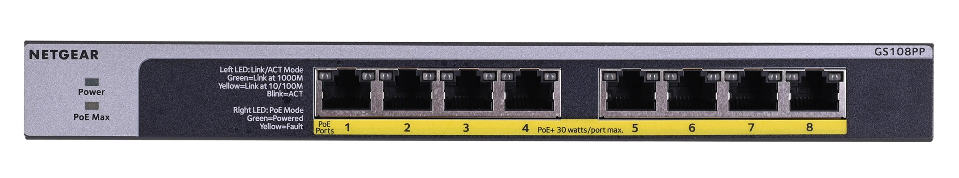 NETGEAR GS108PP Unmanaged Gigabit Ethernet (10/100/1000) Power over Ethernet (PoE) Black