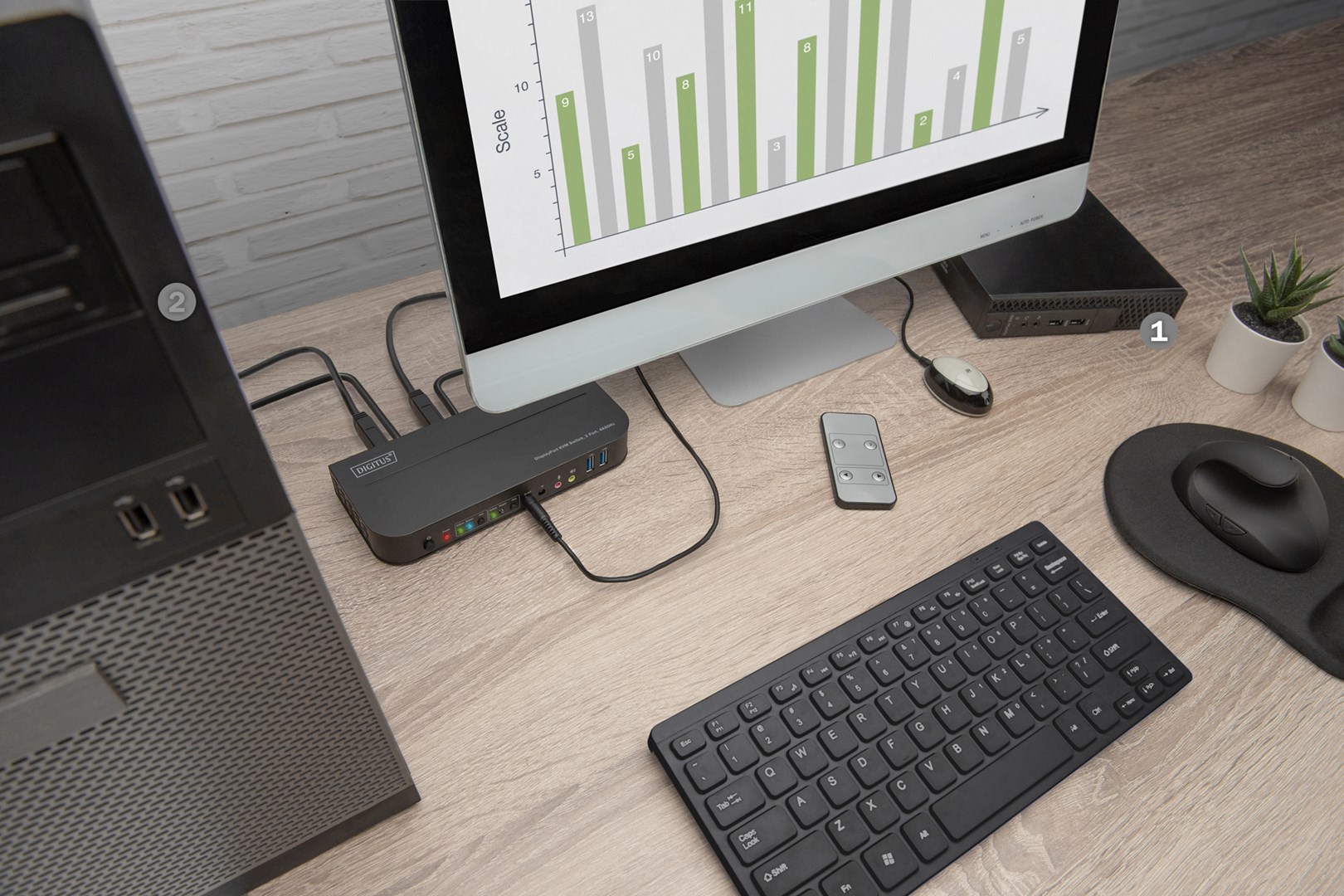 Digitus KVM Switch, 2-Port, 4K60Hz, 2 x DP in, 1 x DP/HDMI out