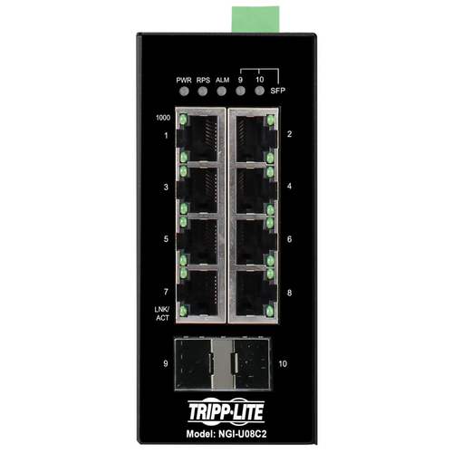Tripp Lite NGI-U08C2 8-Port Unmanaged Industrial Gigabit Ethernet Switch - 10/100/1000 Mbps, 2 GbE SFP Slots, -40° to 75°C, DIN Mount