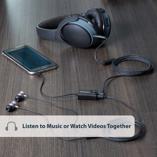 StarTech.com Black Slim Mini Jack Headphone Splitter Cable Adapter - 3.5mm Male to 2x 3.5mm Female