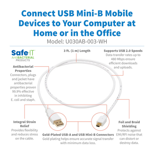 Tripp Lite U030AB-003-WH Safe-IT USB 2.0 A to USB Mini-B Antibacterial Cable (M/M), White, 3 ft. (0.91 m)