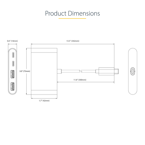 StarTech.com 4-Port USB-C Hub with 100W Power Delivery Pass-Through - 2x USB-A + 2x USB-C - USB 3.0 5Gbps - 1ft (30cm) Long Cable - Portable USB Type-C to USB-A/C Hub