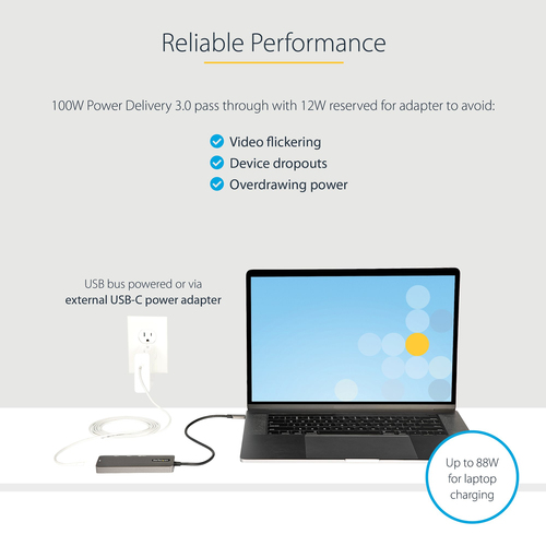 StarTech.com USB C Multiport Adapter - USB-C to HDMI 2.0b 4K 60Hz (HDR10), 100W Power Delivery Pass-Through, 4-Port USB 3.0 Hub - USB Type-C Mini Dock - 12" (30cm) Long Attached Cable