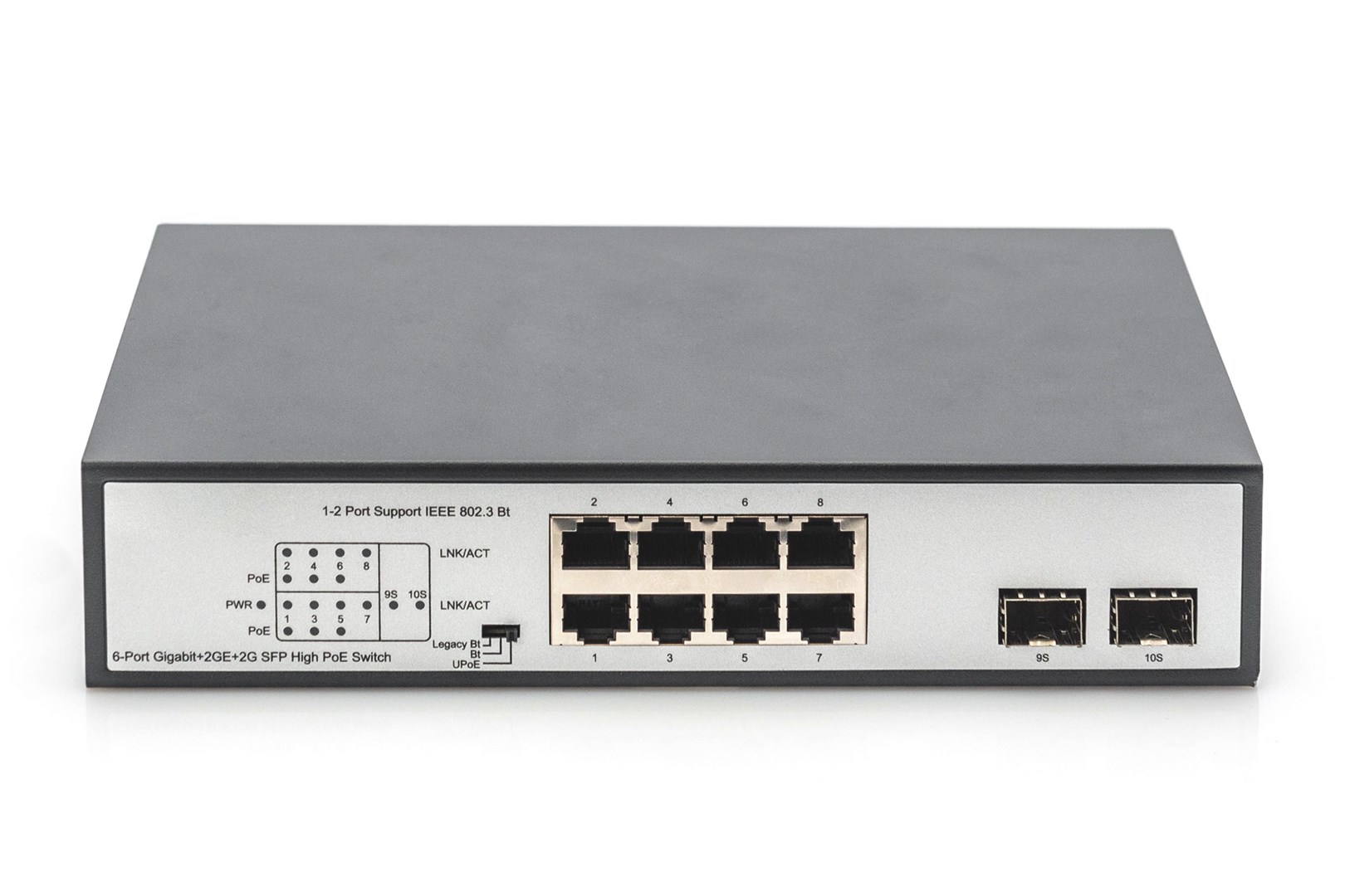 Digitus 8-Port Gigabit PoE Networkswitch, Desktop, unmanaged, 2 Uplink Ports, SFP, 180 W, af/at/bt