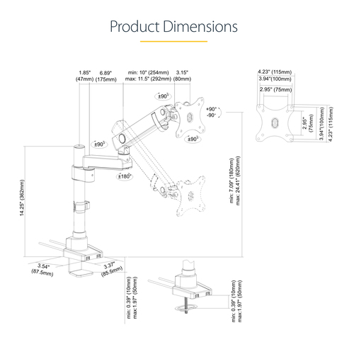 StarTech.com Desk Mount Monitor Arm with 2x USB 3.0 Ports, Full Motion Single Monitor Mount, up to 34" (17.6lb/8kg) VESA Display, Clamp/Grommet Mount, Mechanical Spring