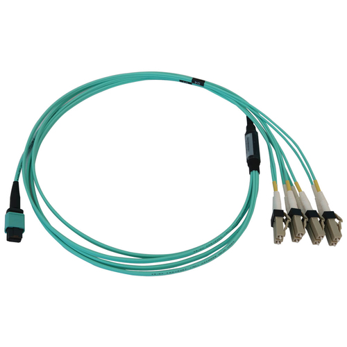 Tripp Lite N844X-01M-8L-P 40/100/400G Multimode 50/125 OM3 Fiber Optic Cable (12F MTP/MPO-PC to 4x Duplex LC/PC F/M), LSZH, Aqua, 1 m (3.3 ft.)