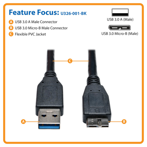 Tripp Lite USB 3.0 SuperSpeed Device Cable (A to Micro-B M/M) Black, 0.31 m
