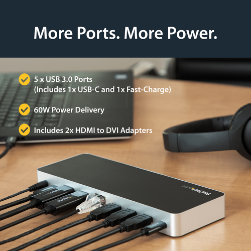 StarTech.com Dual Monitor USB C Docking Station with 60W Power Delivery for Windows Laptops - USB C to HDMI / DVI Dock - USB 3.1 Gen 1 Type C Dock w/ Charging - Thunderbolt 3 Compatible