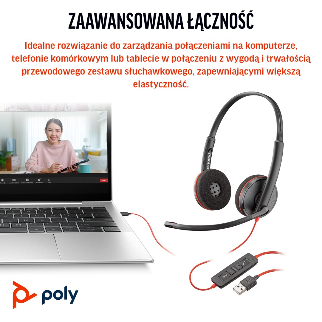 Poly Blackwire 3220 Stereo USB-C Black Headset +USB-C/A Adapter (Bulk)