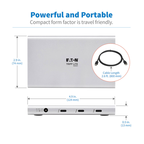 Tripp Lite MTB4-HUB3-01 4-Port Thunderbolt 4 Hub - 8K, 2x 4K 60 Hz, USB 3.2 Gen 2, USB-A Port, 100W Charging, Gray