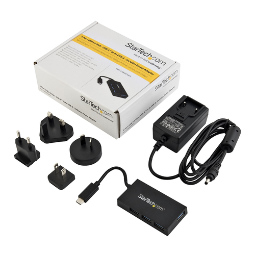 StarTech.com 4 Port USB C Hub - USB Type-C Hub w/ 4x USB-A Ports (USB 3.0/3.1 Gen 1 SuperSpeed 5Gbps) - USB Bus or Self Power - Portable USB-C to USB-A BC 1.2 Charging Hub w/ Power Adapter~4 Port USB C Hub - USB Type-C Hub w/ 4x USB-A Ports USB 3.0 hub (5Gbps) - USB Bus or Self Power - Portable USB-C to USB-A BC 1.2 Charging Hub w/ Power Adapter