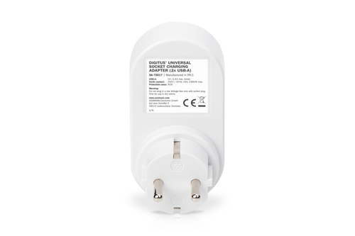 Digitus Universal USB Plug-in Charger with 2 x USB-A Sockets and Integrated Socket
