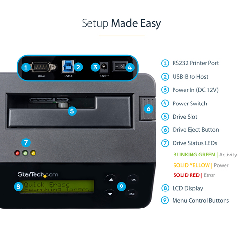 StarTech.com Single Bay Hard Drive Eraser, Standalone HDD/SSD Sanitizer, 4Kn, USB 3.0 to SATA III (6 Gbps), 9 Erase Modes, LCD Display, Secure Erase Hard Disk Sanitizer Dock, DB-9 Printer Port, TAA Compliant